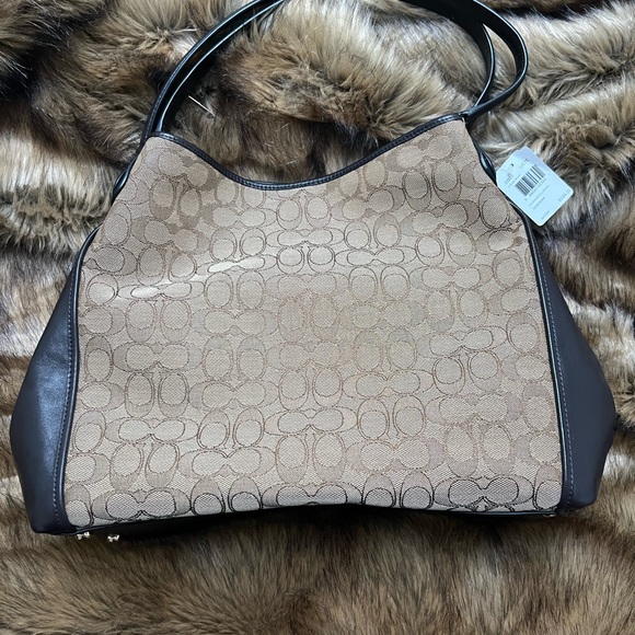 NWT Coach Edie Signature Jacquard Shoulder Bag - Light Gold/Khaki Brown - Picture 1 of 11
